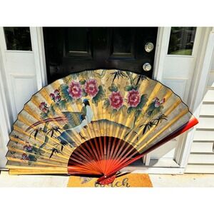 Vintage Oversized 60" Hand Painted Asian Wall Fan Gold Pheasant Peonies Bamboo
